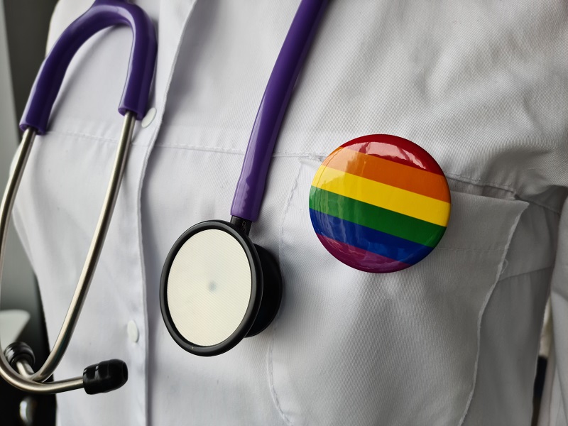 LGBT symbol stethoscope with rainbow icon for rights and gender equality. Medical care insurance and doctor